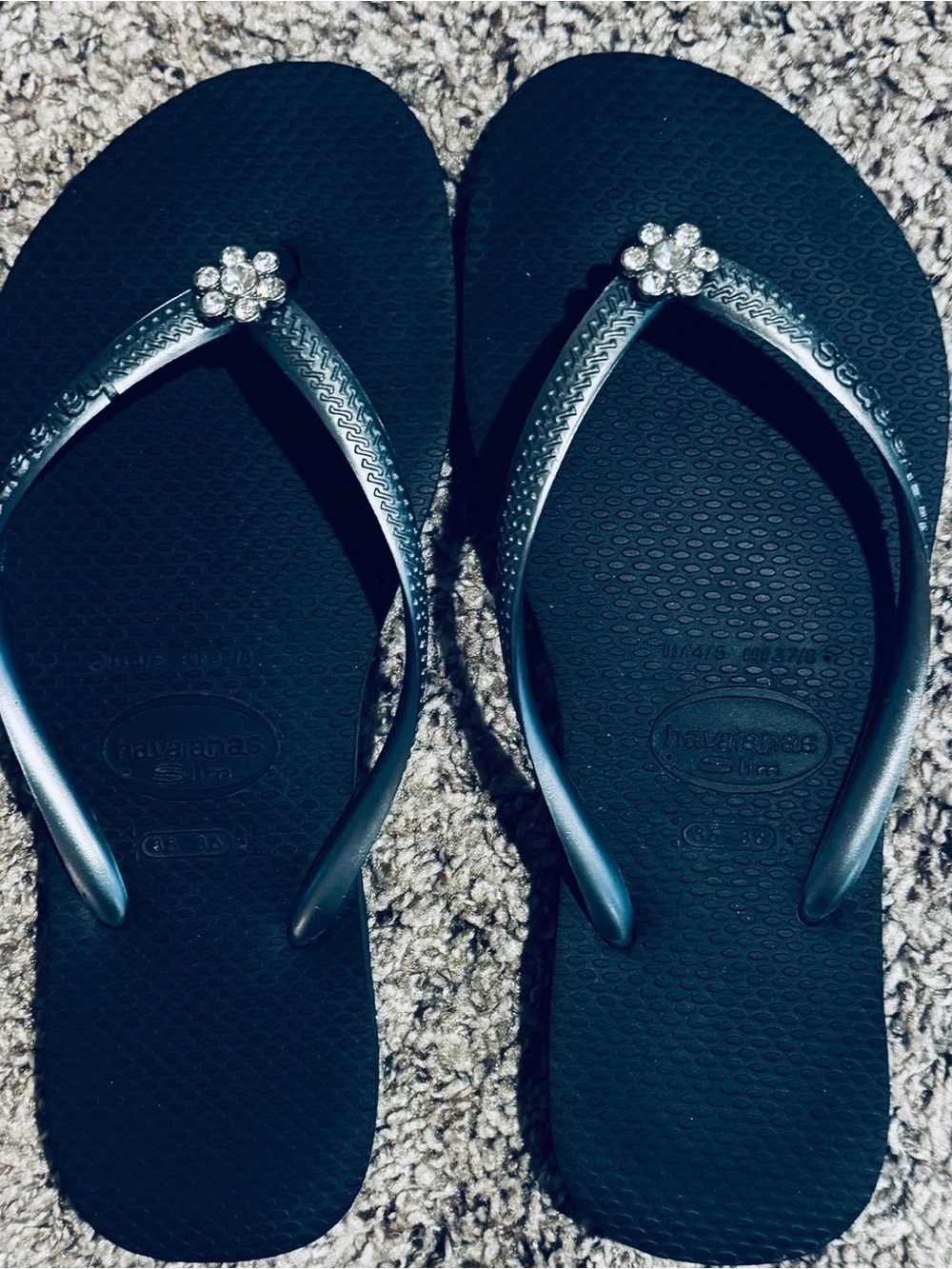 Havaianas Dark Gray Flip Flops with Crystal Flower Accent